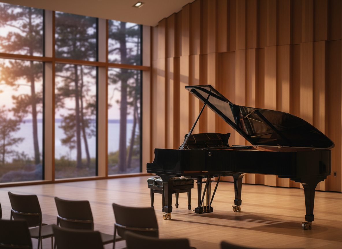 A polished black grand piano with its lid elegantly raised, glossy surface reflecting subtle highlights, positioned on a simple wooden stage inside a refined chamber hall. Behind it, warm wood acoustic panels and the faint outline of Madeline Island pines seen through tall windows anchor the setting to Wisconsin. Late afternoon natural light streams in, mixing with discreet overhead spotlights that graze the piano’s curves and cast soft, elongated shadows. Photographed at eye level from the piano’s side, with a shallow depth of field that keeps the instrument in sharp focus while gently blurring the hall. The mood is sophisticated and anticipatory, conveying the essence of intimate chamber music performance with quiet photographic realism and a clean, modern aesthetic.