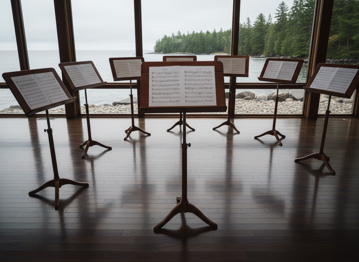 A neatly arranged music stand cluster on a hardwood rehearsal floor, each stand holding crisp, blank manuscript paper with clean staves visible but no text. The stands form a semicircle, suggesting a chamber ensemble setup without any musicians present. Behind them, large windows reveal a photographic glimpse of Madeline Island’s Lake Superior shoreline—smooth rocks, dark water, and evergreen trees under an overcast sky. Soft, diffused daylight fills the room, creating even illumination and delicate shadows beneath the stands. Captured from a low, wide-angle perspective that emphasizes depth and space, with sharp focus throughout. The mood is focused and aspirational, conveying a professional training environment where serious chamber music study takes place, yet remaining calm and understated.