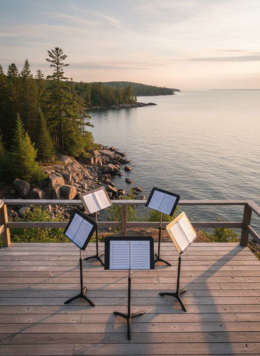 A serene outdoor practice setting on Madeline Island: a weathered wooden deck overlooking Lake Superior, empty of people but arranged for chamber rehearsal. Four elegant black music stands hold blank, staff-lined pages facing inward in a quartet circle. In the distance, the shoreline curves with rocky outcrops, tall pines, and calm blue-gray water under soft evening light. The sun is low, casting a golden-hour glow that creates long, delicate shadows from the stands and a subtle rim light along their edges. Photographed from a slightly elevated angle, capturing both the intimate rehearsal circle and the expansive landscape. The mood is peaceful yet disciplined, reflecting immersive summer musical training in a sophisticated, photographic realist style.