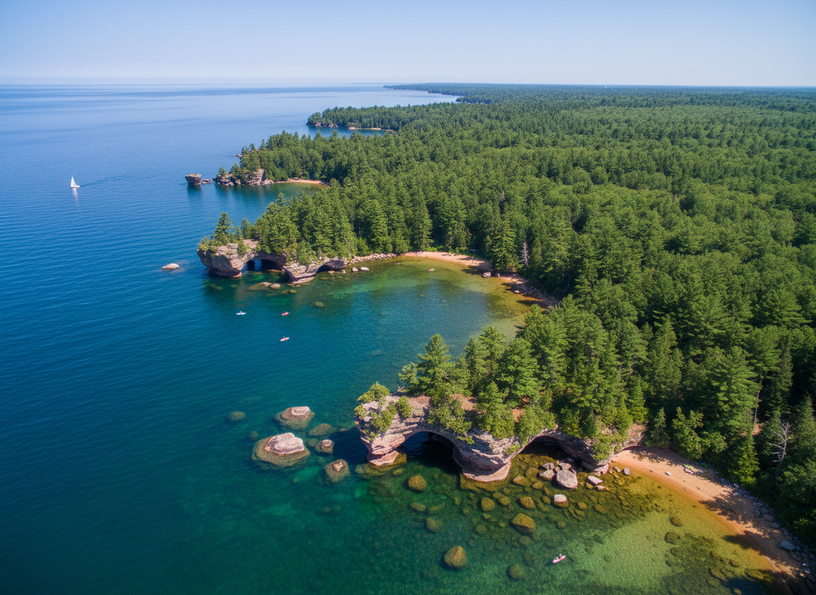 Madeline Island Wisconsin shoreline with Lake Superior and pine forests